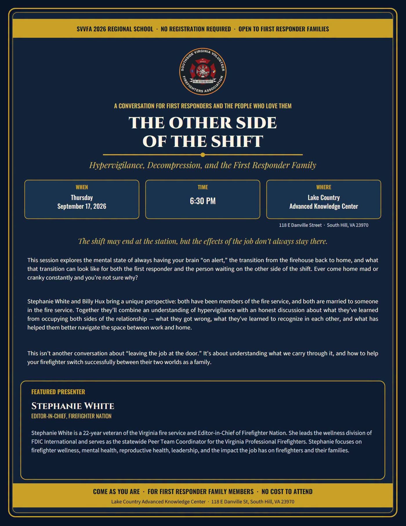 The Other Side of the Shift — a first responder family conversation, September 17, 2026, South Hill VA
