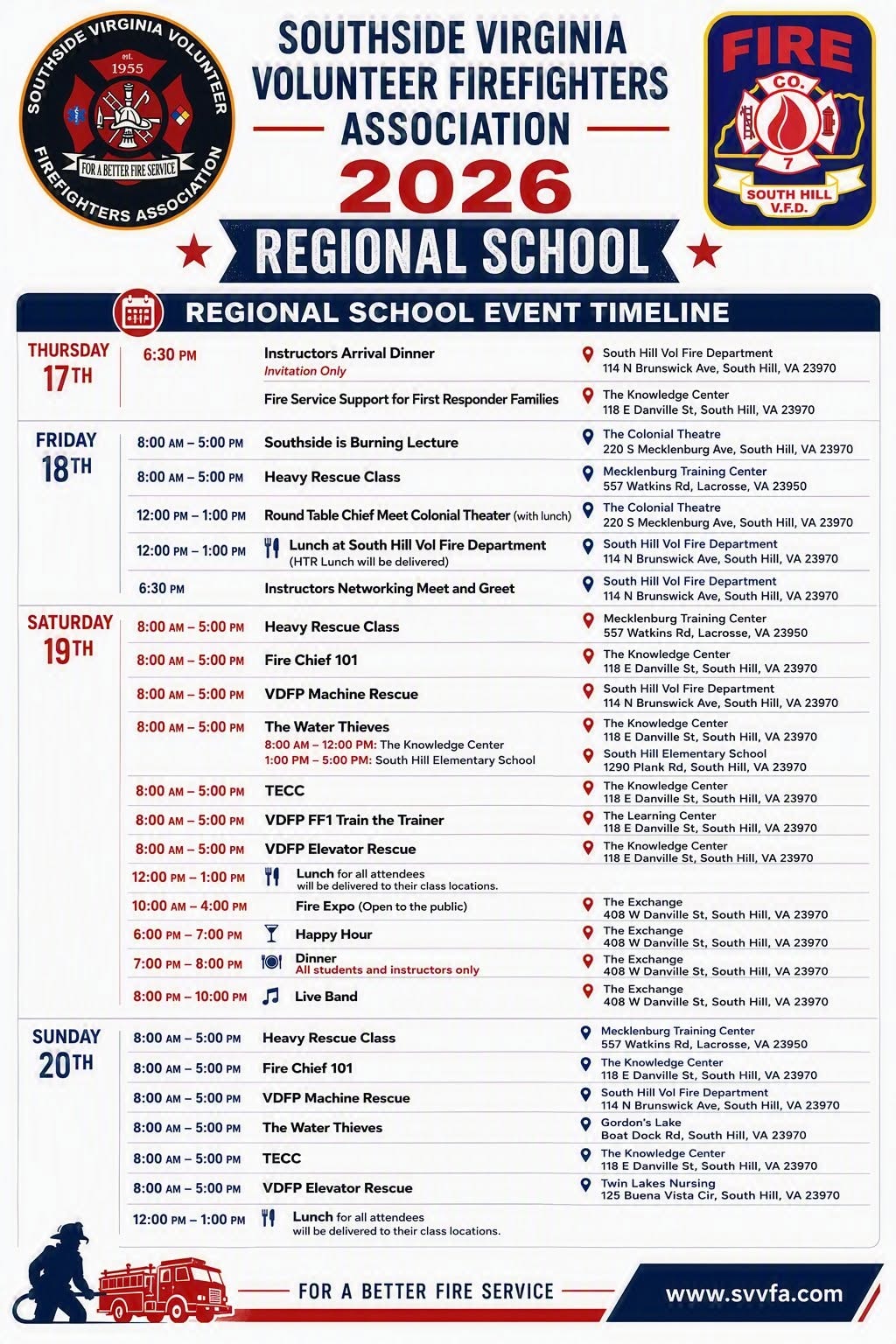 SVVFA 2026 Regional School event schedule — September 17–20, South Hill VA